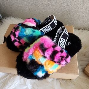 UGG Fluff Yeah Checkered Multi Slippers Slides Black Pink